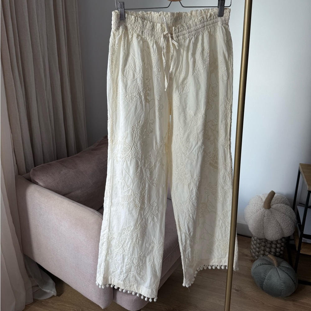 H&M Embroidered Drawstring Pants, Cream, Size M - Picture 4 of 7